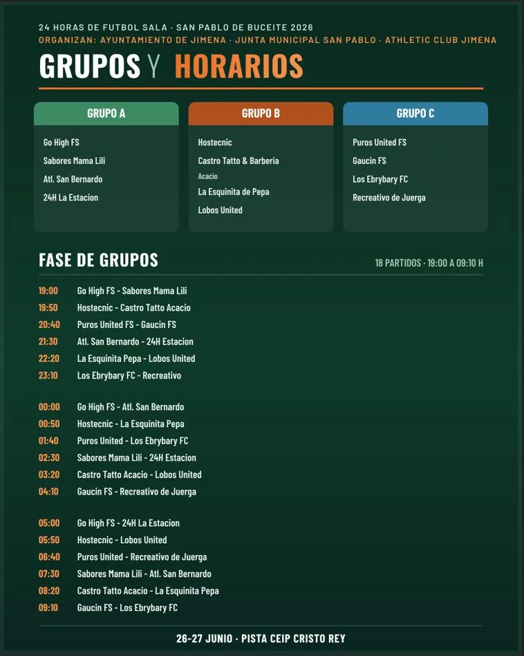 Publicados los grupos y horarios de las 24 Horas de Fútbol Sala de San Pablo de Buceite 2026